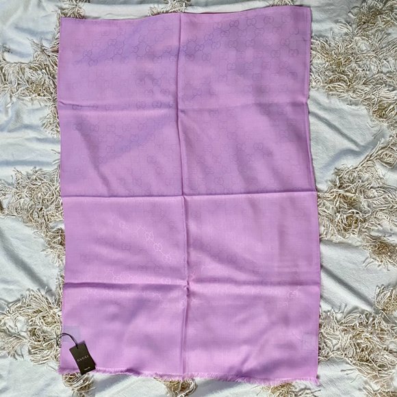 GUCCI GG Guccissima Rose Pink Wool Silk Blend Wrap Monogram Shawl Scarf - Picture 9 of 13
